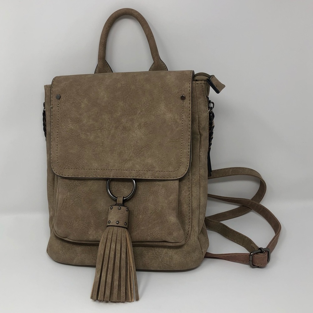 Boho Tassel Mini Backpack Purse in Tan/Taupe
